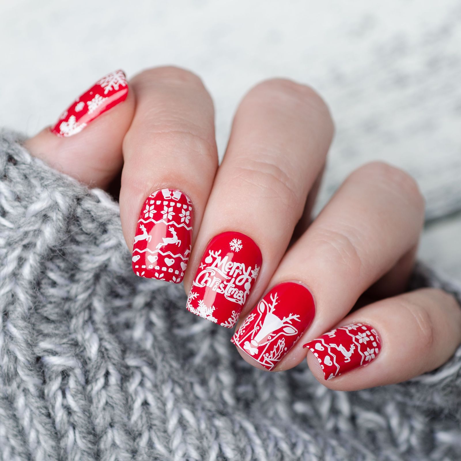 Vibrant Red Festive Motifs Square Nails — Winter Nails for Teens