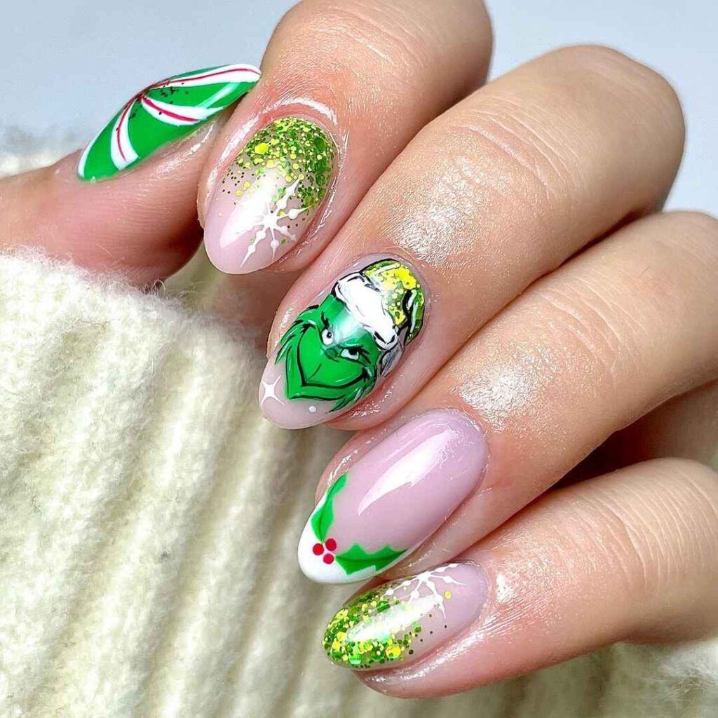 Glitter French Tip Grinch Oval Nails Glitter French Tip Grinch Oval Nails — Grinch Nails 2026