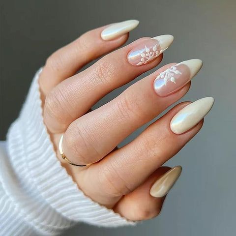 Pearlescent Snowflake French Almond Nails Pearlescent Snowflake French Almond Nails — Medium Christmas Nails 2026