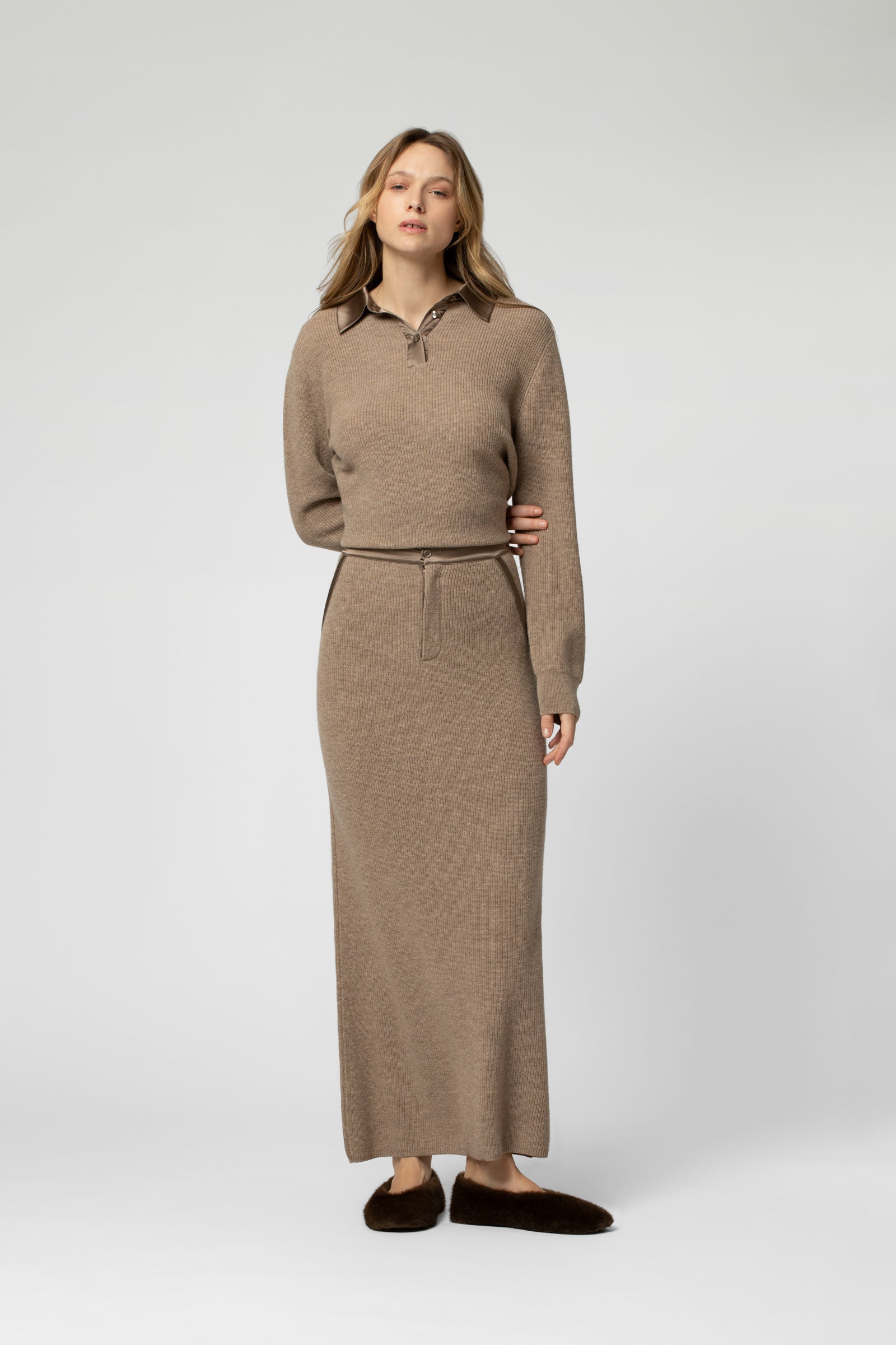 Chic Beige Knit Set with a Belted Waist Chic Beige Knit Set with a Belted Waist — Modest Winter Outfits