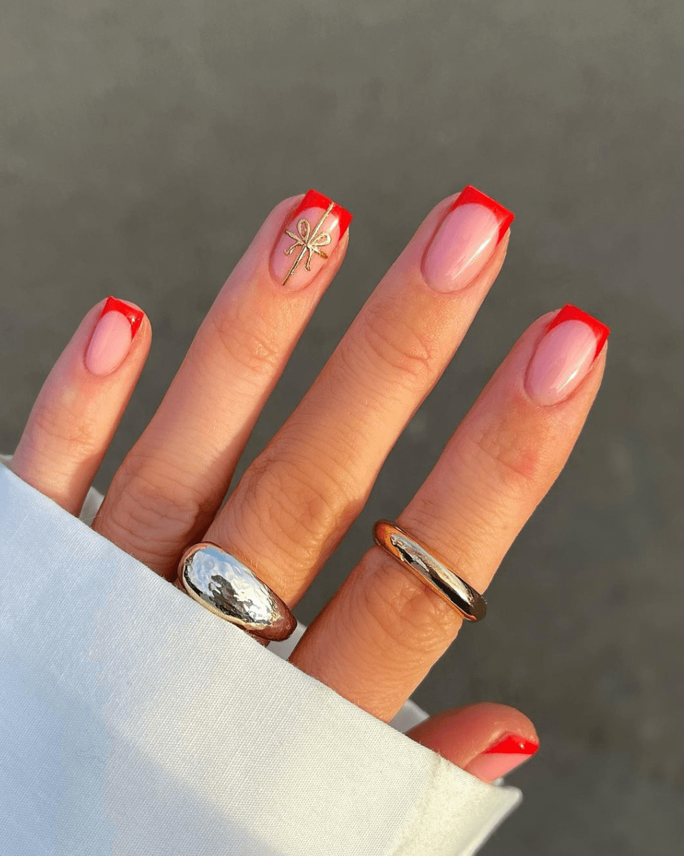 Short Square Red French Tip Gold Bow Short Square Red French Tip Gold Bow — Christmas Acrylic Nails 2026