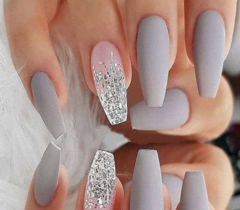 Matte And Glitter Visual Idea — Long Winter Coffin Nails
