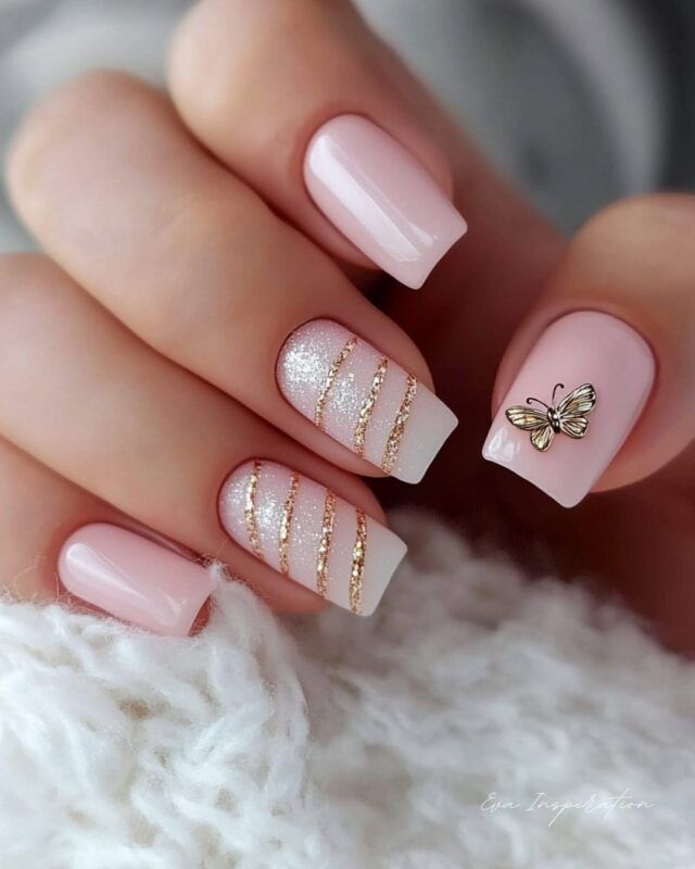 Sheer Pink White Gradient Gold Stripes Charm Sheer Pink White Gradient Gold Stripes Charm — Winter Nail Colors for Short Nails