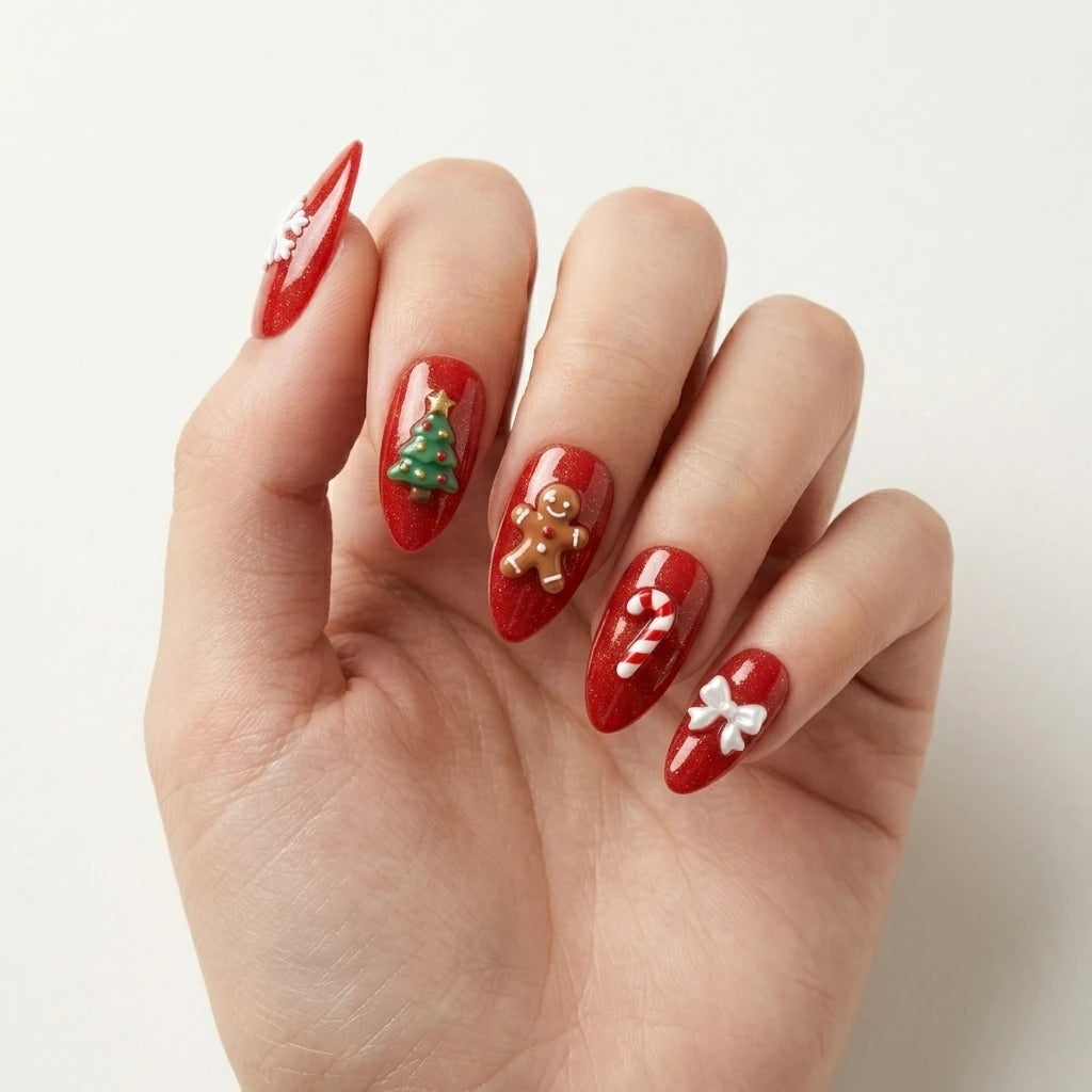 Deep Red Glitter with Nude Glitter French Tip and Stars Deep Red Glitter with Nude Glitter French Tip and Stars — Red and Gold Christmas Nails 2026