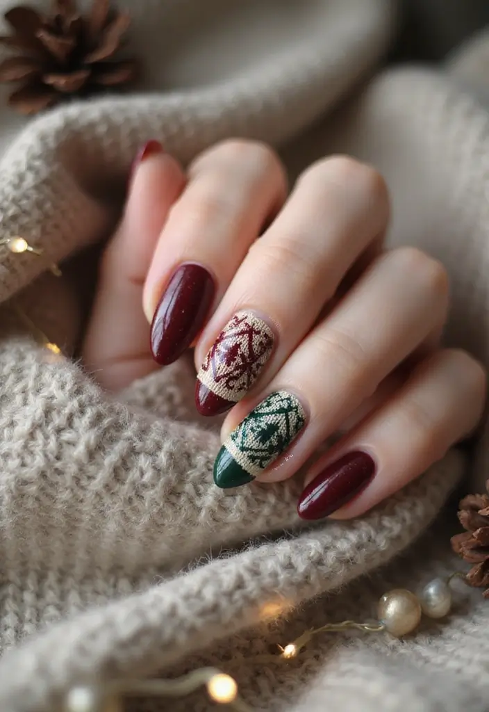 Burgundy Knit Pattern Oval Nails Burgundy Knit Pattern Oval Nails — Cozy Winter Nails
