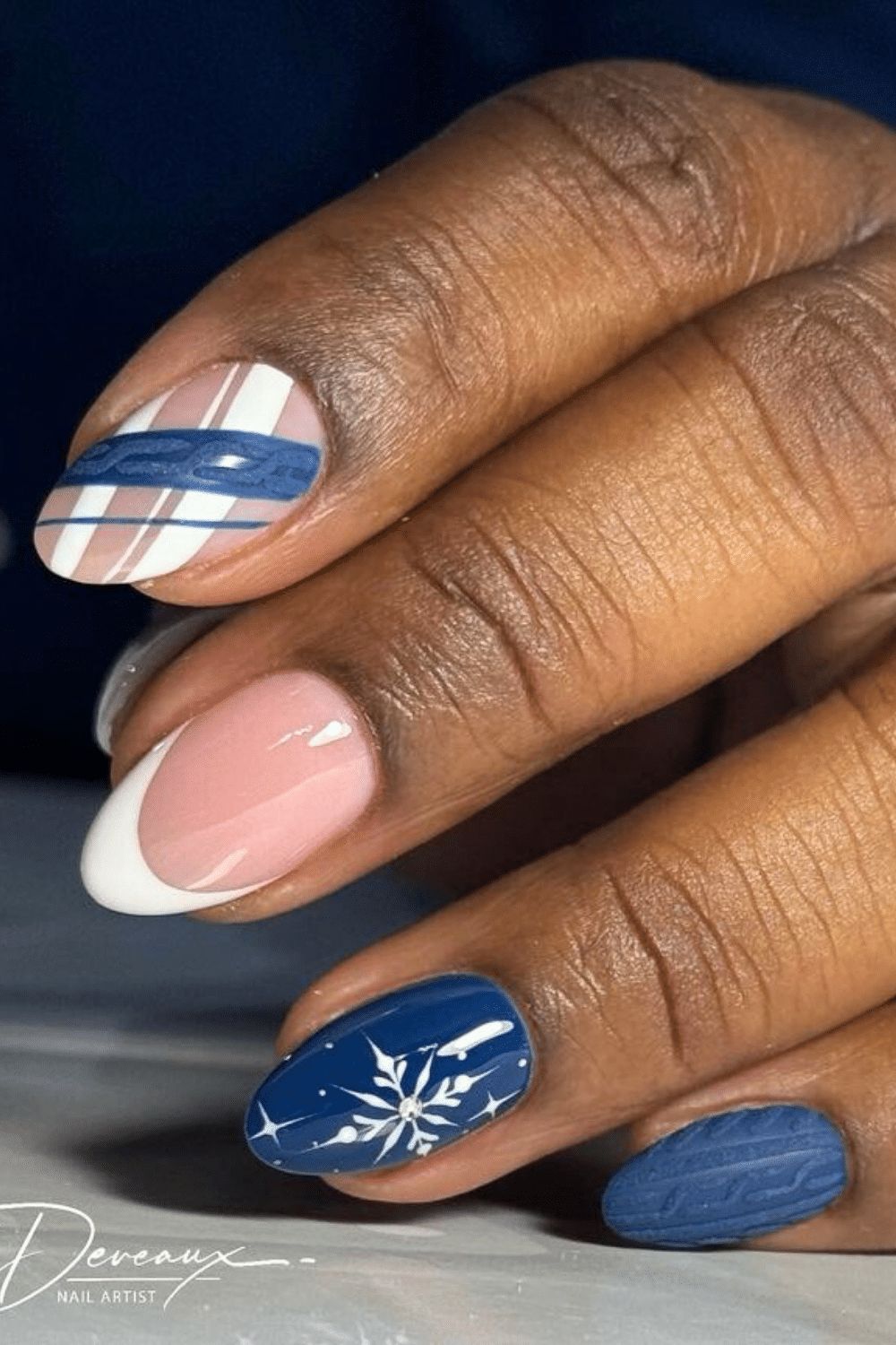 Blue White Cable Knit Snowflake Almonds Blue White Cable Knit Snowflake Almonds — Short Christmas Almond Nails 2026