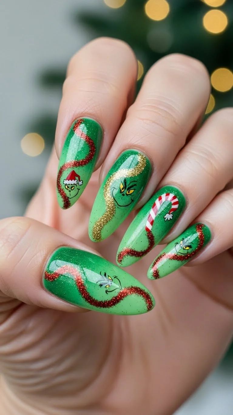 Lime Green Grinch Faces Lime Green Grinch Faces — Christmas Nail Art 2026