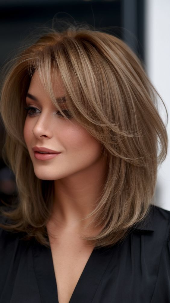 Layered Medium Brown Lob With Curtain Bangs — Winter Hairstyles for Thin Hair