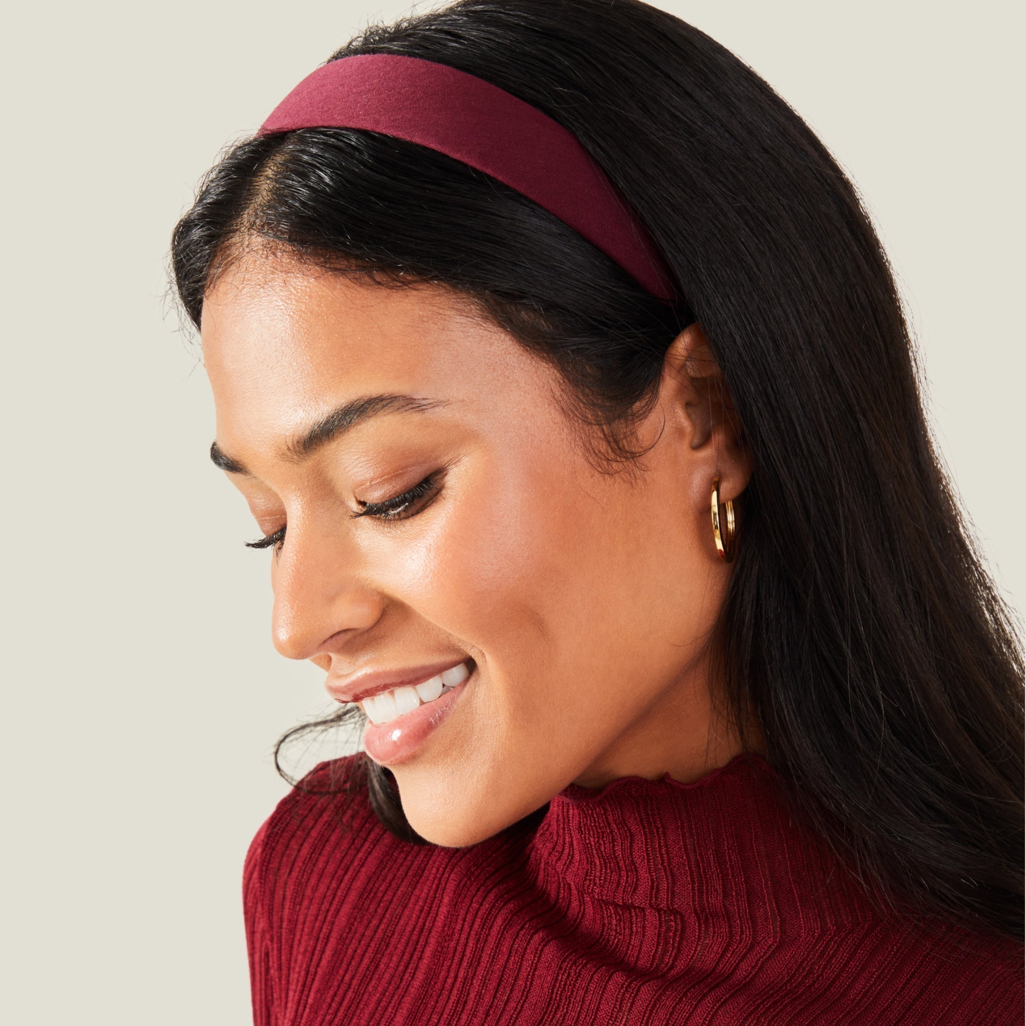 Sleek Dark Brown Hair with Burgundy Headband — Winter Hairstyles with Headband