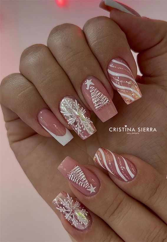 Nude Pink Iridescent Christmas Trees Nude Pink Iridescent Christmas Trees — Short Christmas Coffin Nails 2026