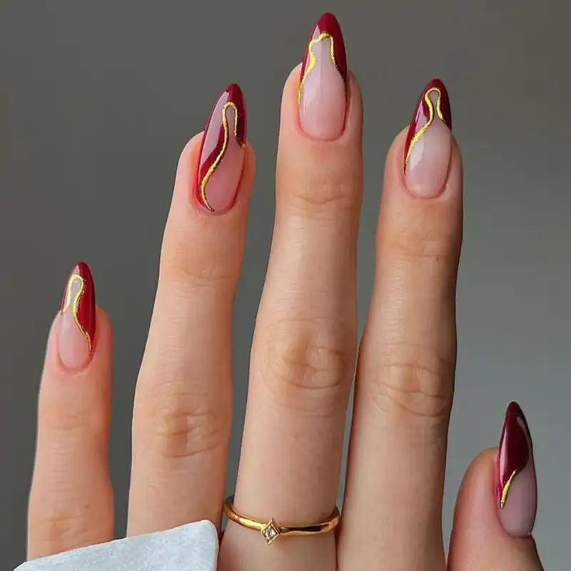 Gold Line Burgundy French Stilettos Gold Line Burgundy French Stilettos — Burgundy Nails