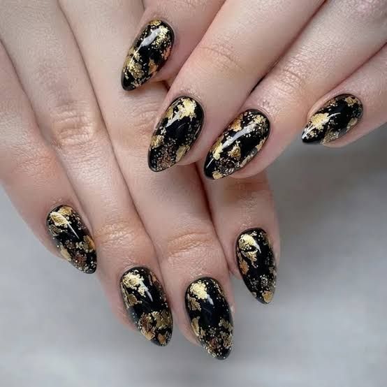 Glossy Black with Gold Foil Fragments — New Years Dip Powder Nails 2027