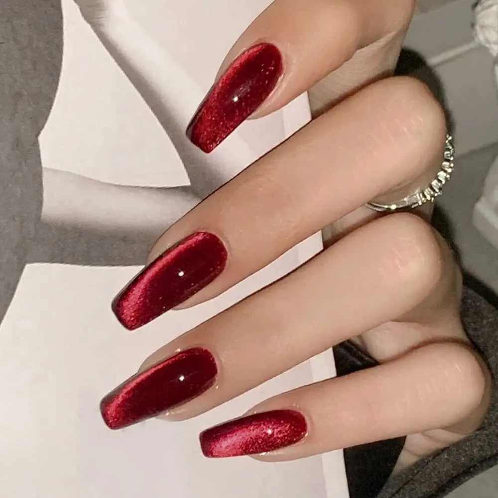 Deep Red Magnetic Cat Eye Coffin Nails Deep Red Magnetic Cat Eye Coffin Nails — Cherry Red Nails