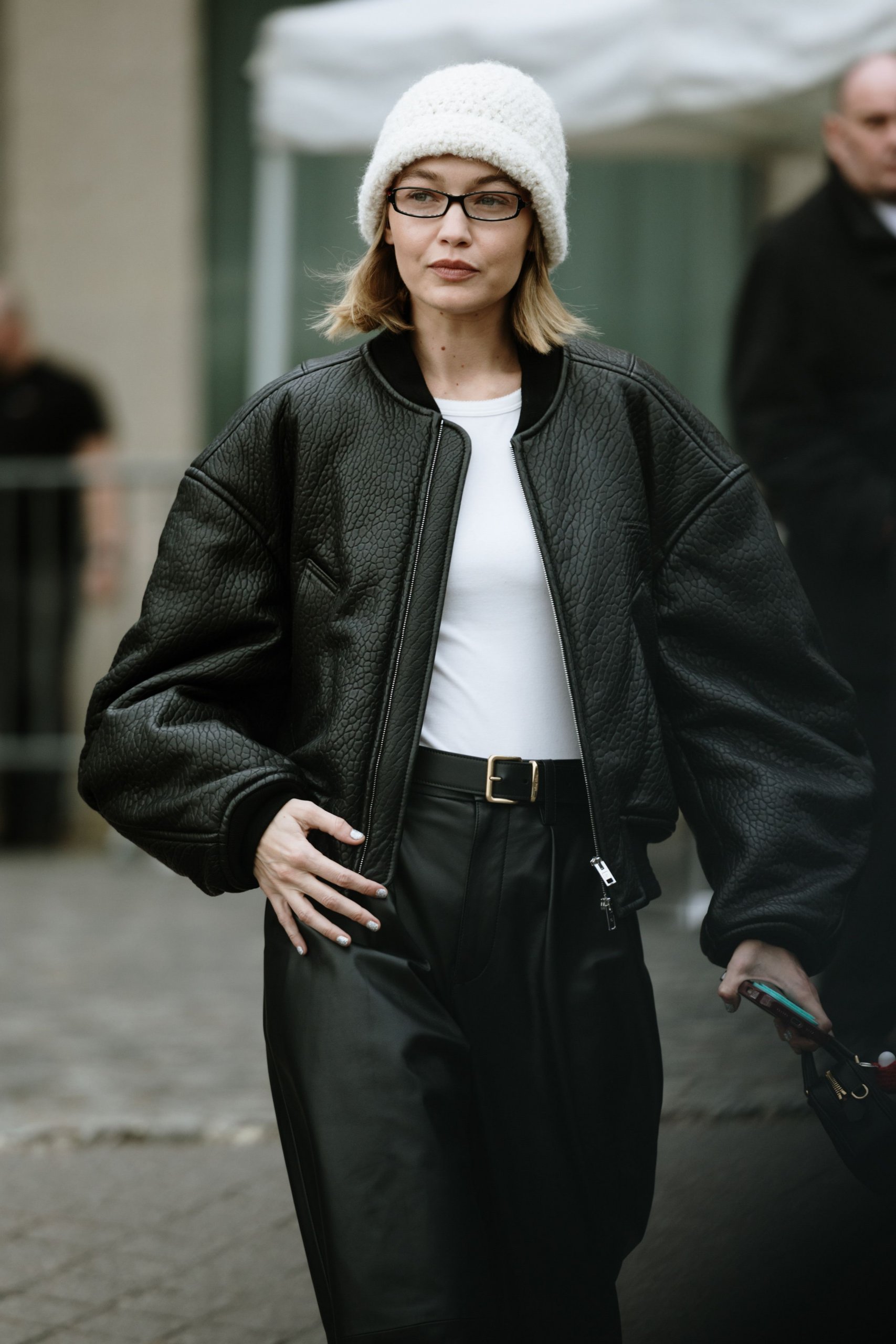 No Bangs Chin Length Blonde Blunt Bob With White Beanie — Winter Hat Hairstyles