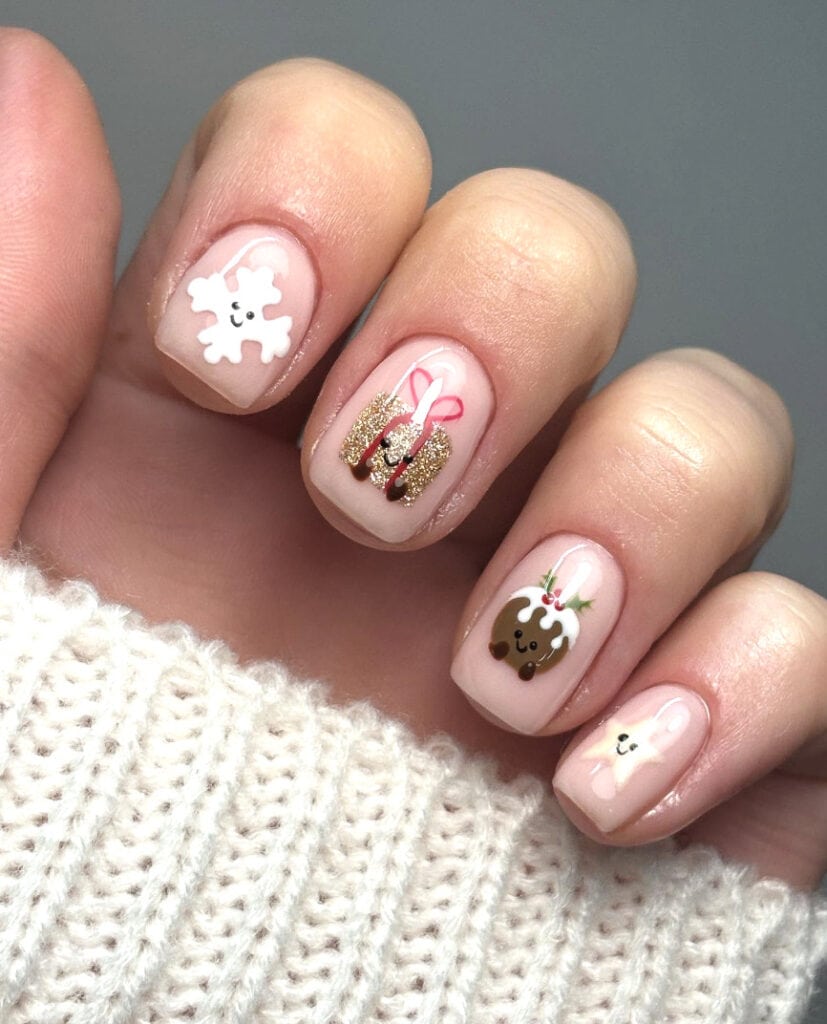 Nude Pink Christmas Character Short Square Nails Nude Pink Christmas Character Short Square Nails — Christmas Gel X Nails 2026