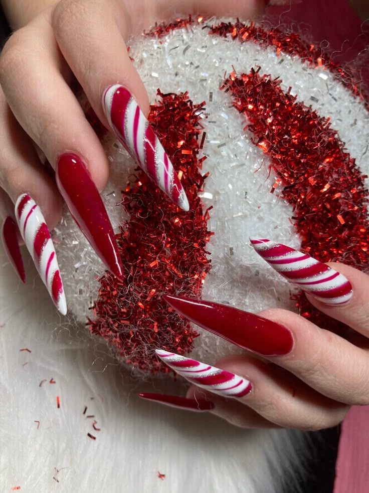 Extra Long Candy Cane Stripe Stilettos Extra Long Candy Cane Stripe Stilettos — Christmas Stiletto Nails 2026