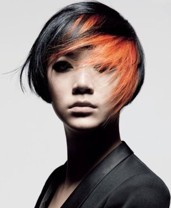 Black With Vibrant Orange Panels Visual Idea — Winter Hair Colors for Short Hair