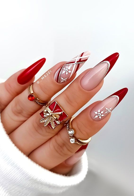 Red Nude White Silver Long Stiletto Red French Snowflake Striped Nails Red Nude White Silver Long Stiletto Red French Snowflake Striped Nails — Red Christmas Nails 2026