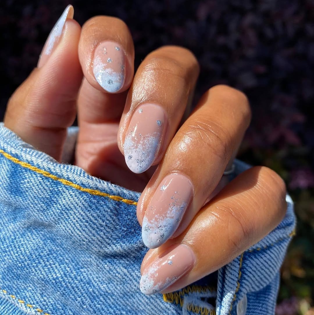 Frosted Glitter Tips on Nude Base Frosted Glitter Tips on Nude Base — Winter Nail Trends