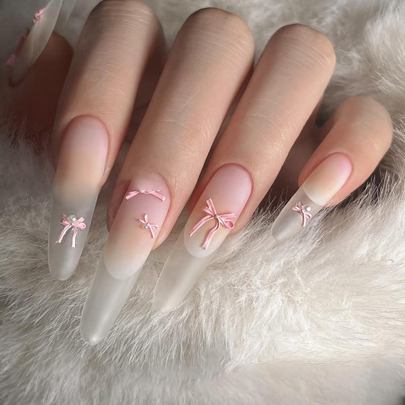 Gradient Stilettos with Pink 3D Bows and Pearls Gradient Stilettos with Pink 3D Bows and Pearls — Winter Bow Nails