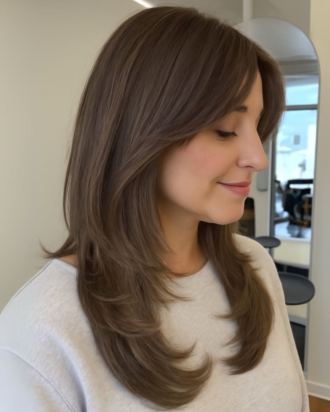 Collarbone Layered Cut With Curtain Bangs Collarbone Layered Cut With Curtain Bangs — Winter Hairstyles for Long Hair