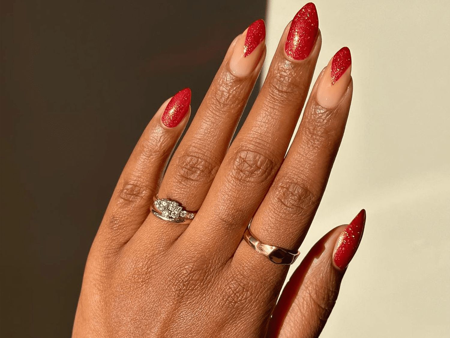 Sheer Nude Red Glitter French Almonds Sheer Nude Red Glitter French Almonds — Christmas Almond Nails 2026