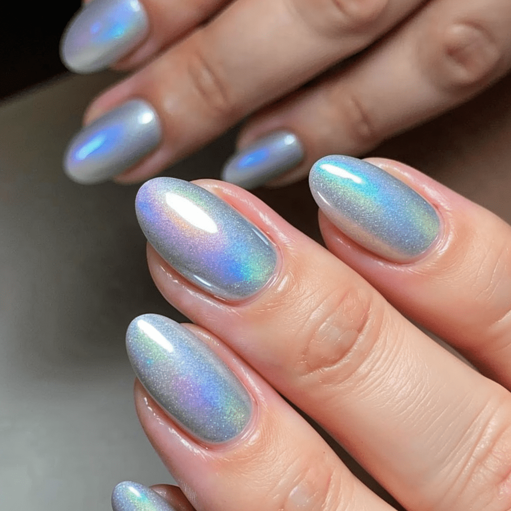 Holographic Silver Ovals Holographic Silver Ovals — Winter to Spring Transition Nails