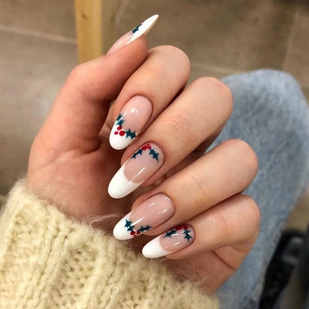 Medium Almond French with Holly Berries Medium Almond French with Holly Berries — Subtle Christmas Nails 2026
