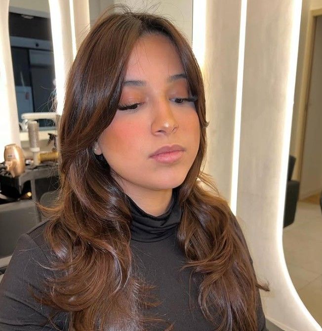 Dark Brown With Subtle Auburn Highlights Visual Idea Dark Brown With Subtle Auburn Highlights Visual Idea — Winter Haircuts with Curtain Bangs