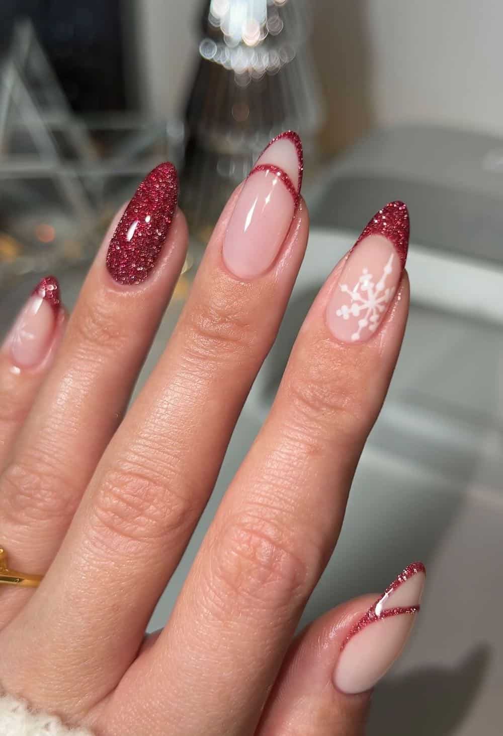 Glitter Tip Long Almonds Glitter Tip Long Almonds — Wine Christmas Nails 2026