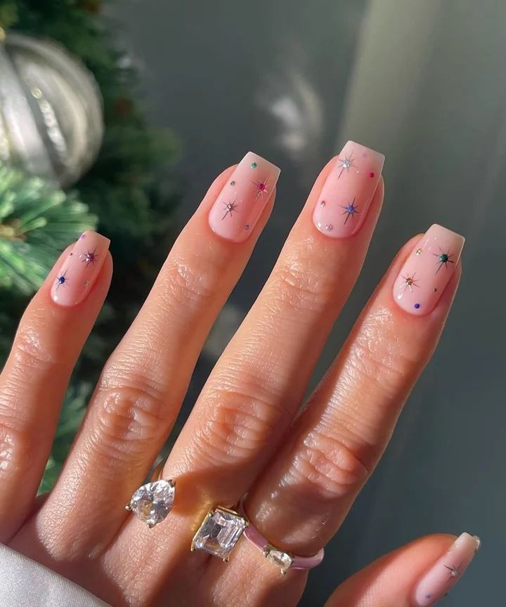 Colorful Rhinestone Star Accents — Simple New Years Nails 2027
