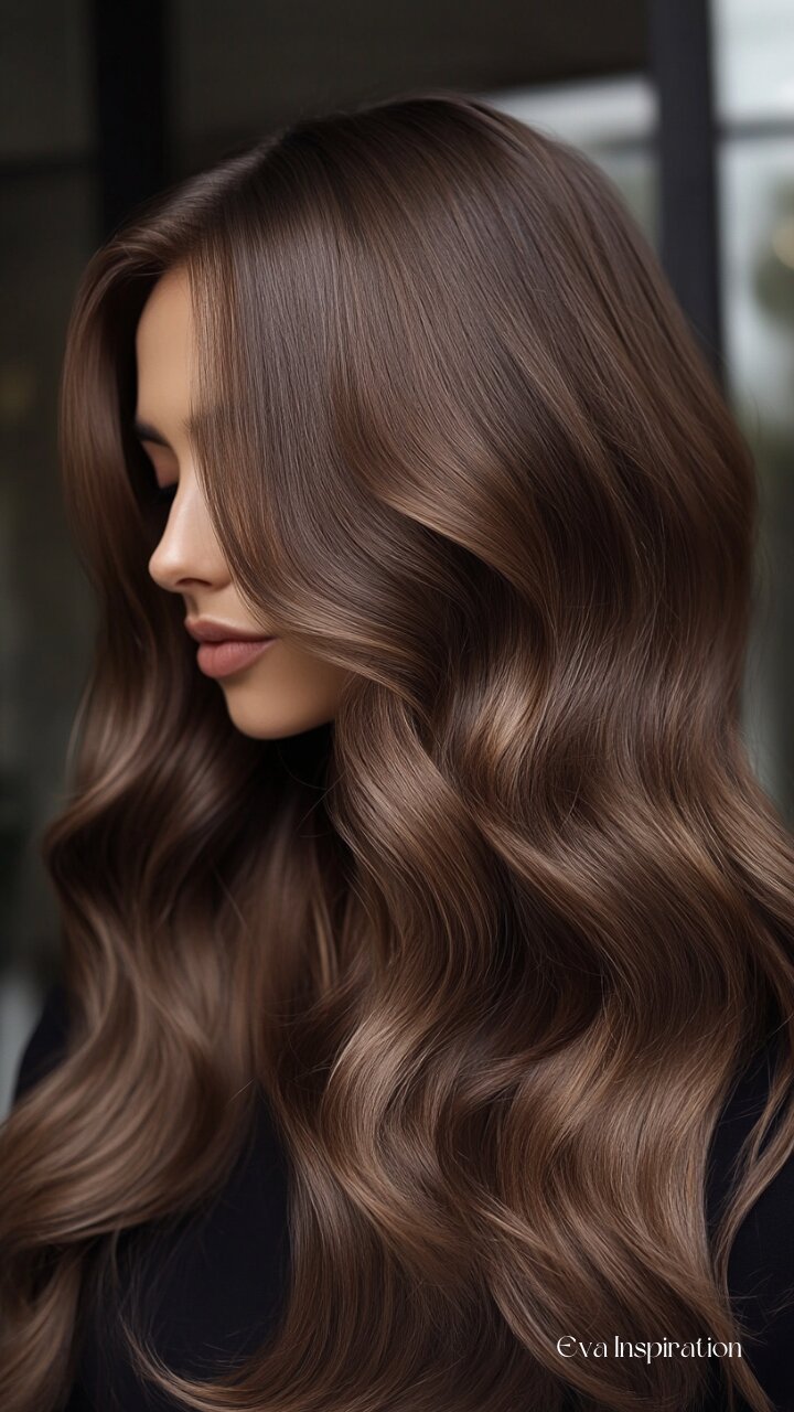 Dark Brown With Caramel Highlights and Side Swept Bangs Dark Brown With Caramel Highlights and Side Swept Bangs — Fall to Winter Hair Colors