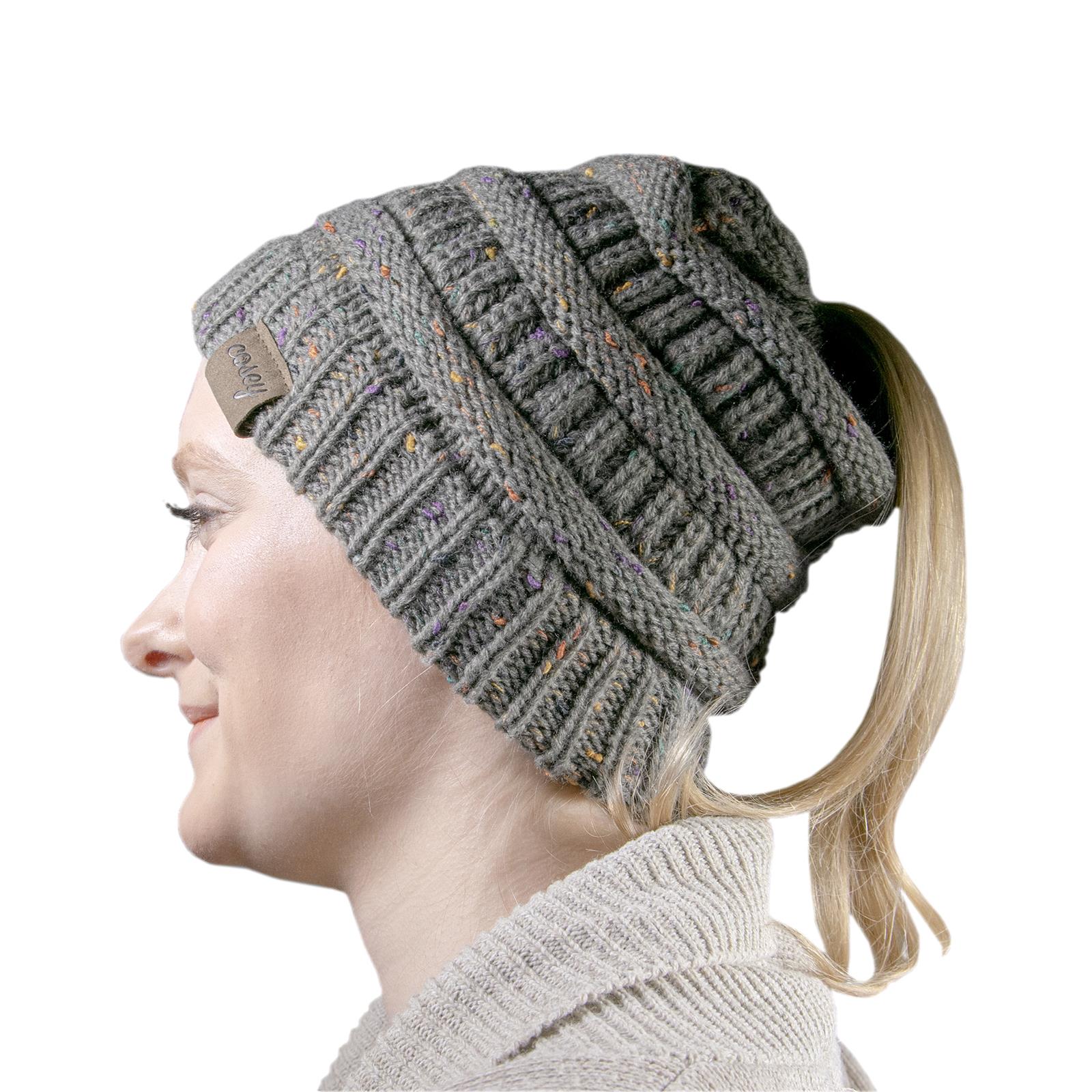 Mid-Back Blonde Ponytail With Grey Speckled Beanie — Winter Hat Hairstyles