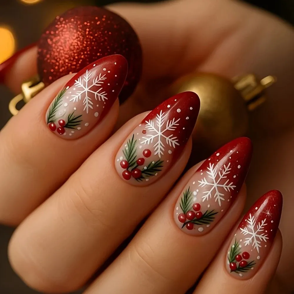 Transparent Base with Red Tips Snowflakes and Holly Transparent Base with Red Tips Snowflakes and Holly — Snowflake Nails