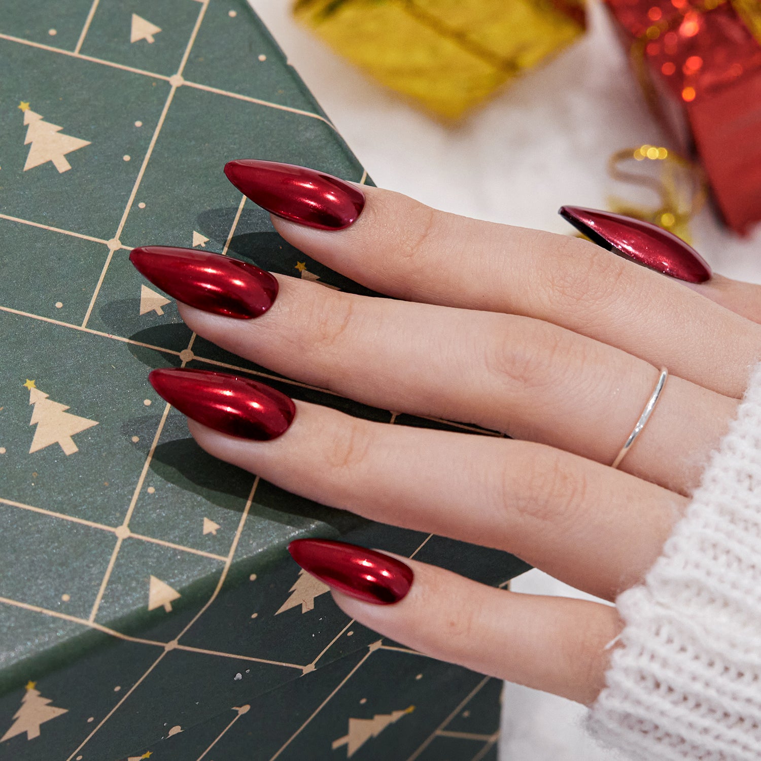 Metallic Red Chrome Stiletto Nails Metallic Red Chrome Stiletto Nails — New Years Press On Nails 2027