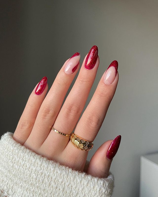 Deep Red Glitter French Almond Nails Deep Red Glitter French Almond Nails — Sparkly New Years Nails 2027