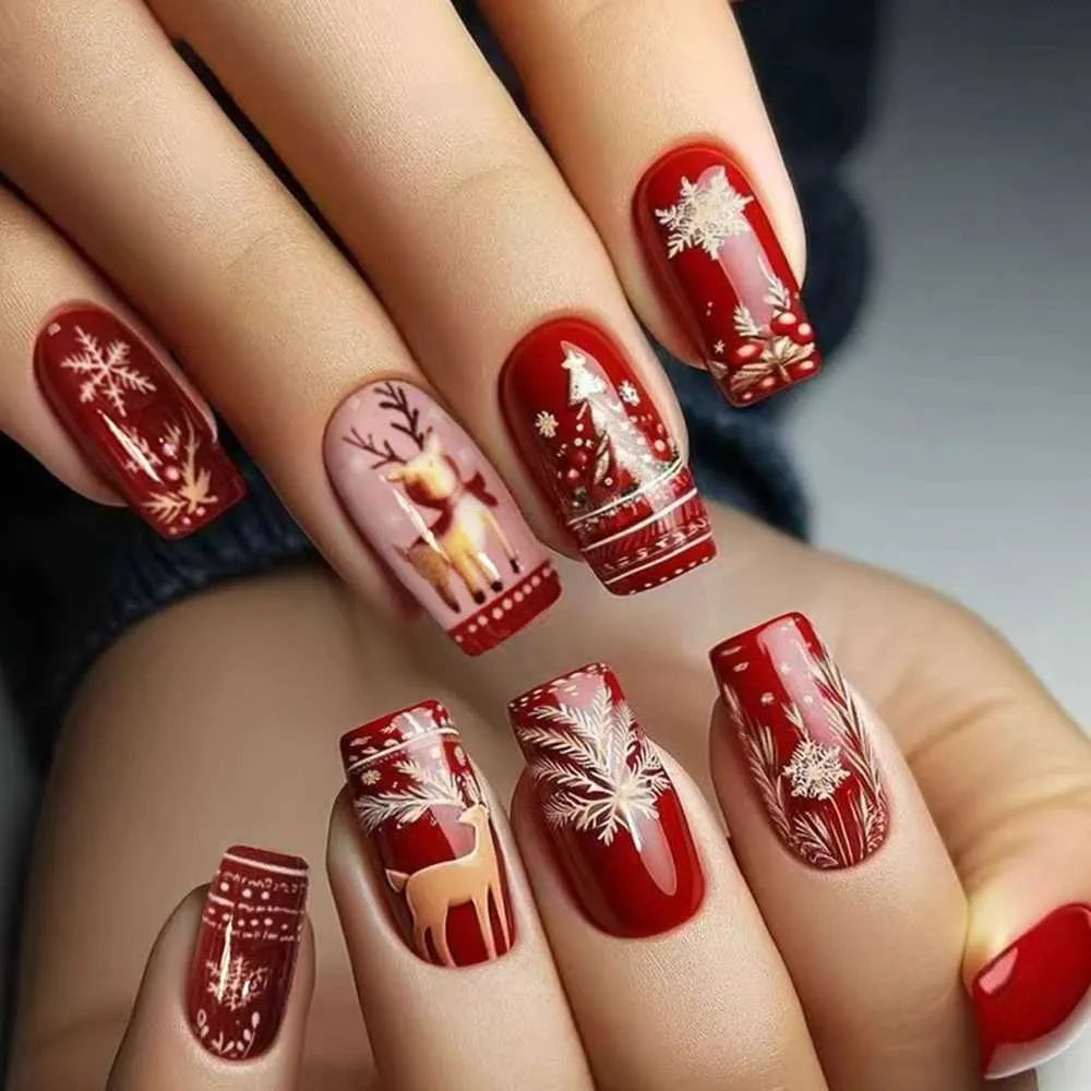 Deep Red Gold Festive Art Nails — Short Christmas Square Nails 2026