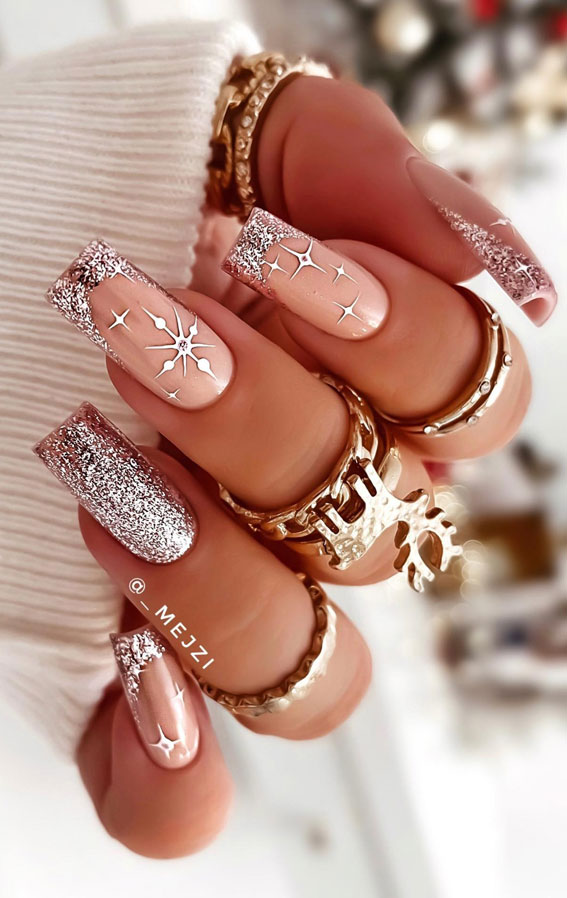 Long Coffin Nude Starburst Glitter French Nails Long Coffin Nude Starburst Glitter French Nails — New Years Eve Nails 2027