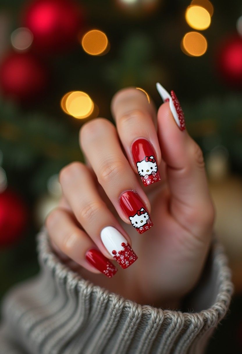 Red White Black Visual Idea — Hello Kitty Christmas Nails 2026