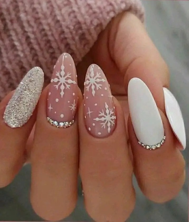 Long Almond Snowflake Crystal Nails Long Almond Snowflake Crystal Nails — Christmas Acrylic Nails 2026