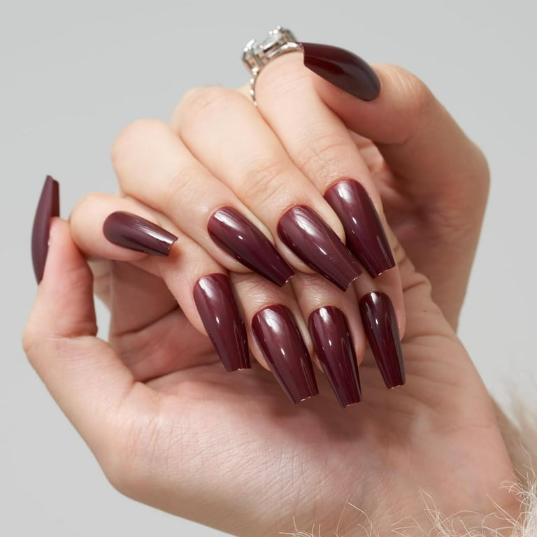 Classic Deep Burgundy Glossy Coffin Nails — Long Winter Coffin Nails