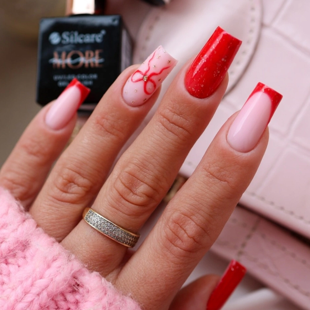 Long Square French with Red Bows and Glitter Long Square French with Red Bows and Glitter — Winter Bow Nails