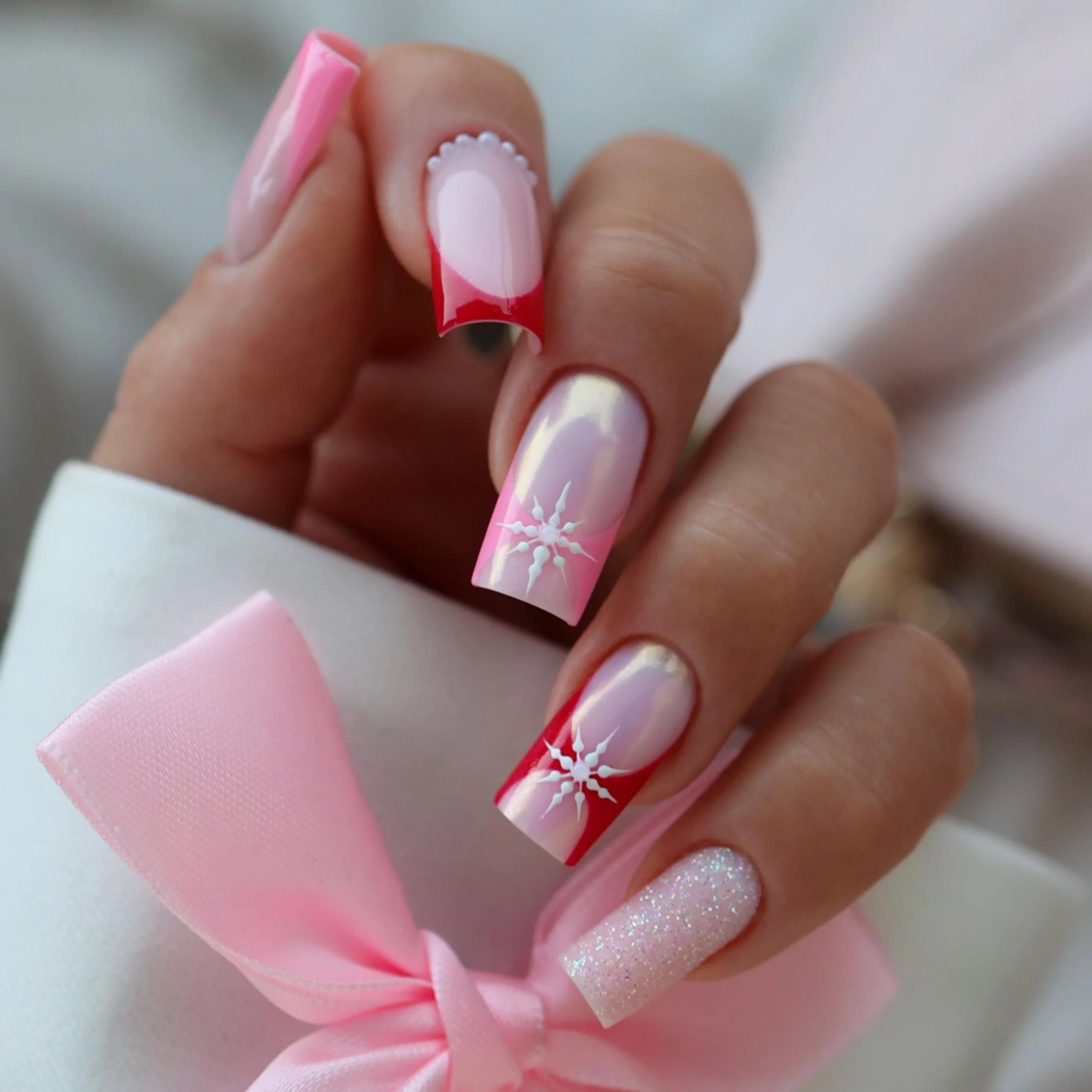 Festive Red French Tips and Snowflake Accents Festive Red French Tips and Snowflake Accents — Winter Gel Nail Colors