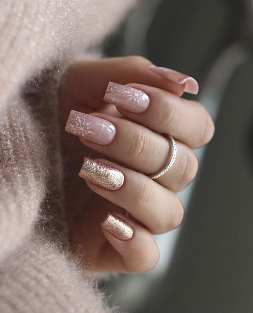 Nude Rose Gold Glitter Snowflake Square Nails Nude Rose Gold Glitter Snowflake Square Nails — Baddie Winter Nails