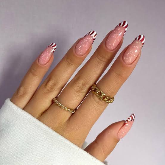 Glitter Pink Candy Cane French Glitter Pink Candy Cane French — Easy Christmas Nails 2026