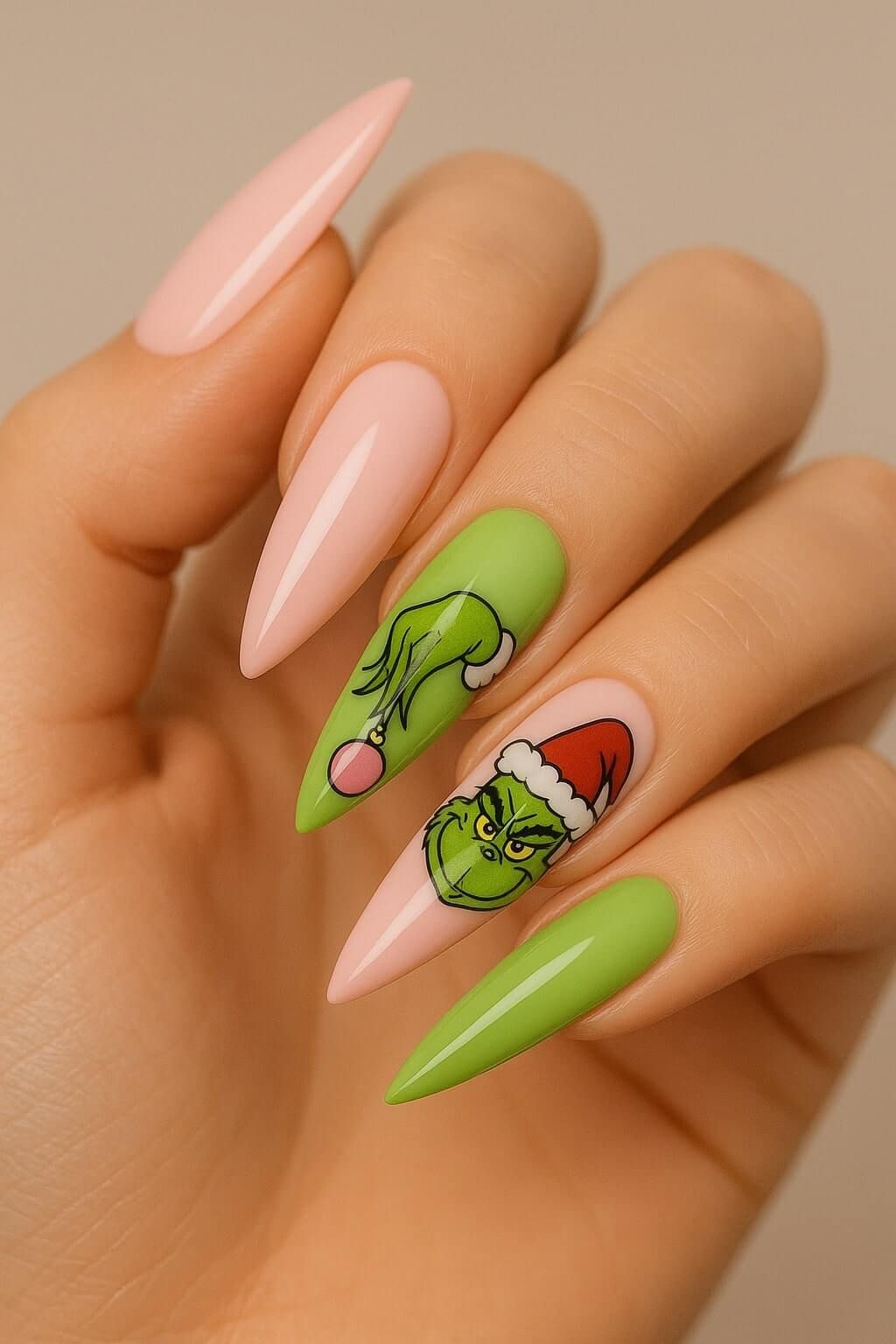 Pale Pink Stiletto Grinch Face Nails Pale Pink Stiletto Grinch Face Nails — Grinch Nails 2026