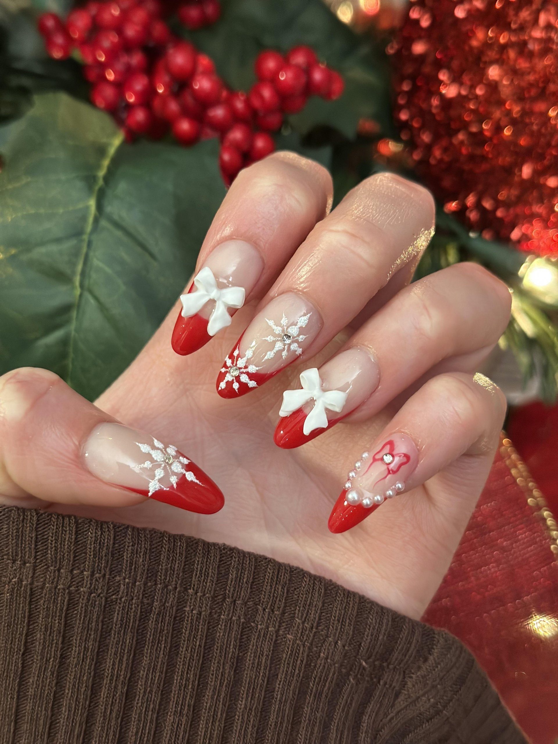 Long Almond with 3D Bows and Snowflakes Long Almond with 3D Bows and Snowflakes — Winter Birthday Nails