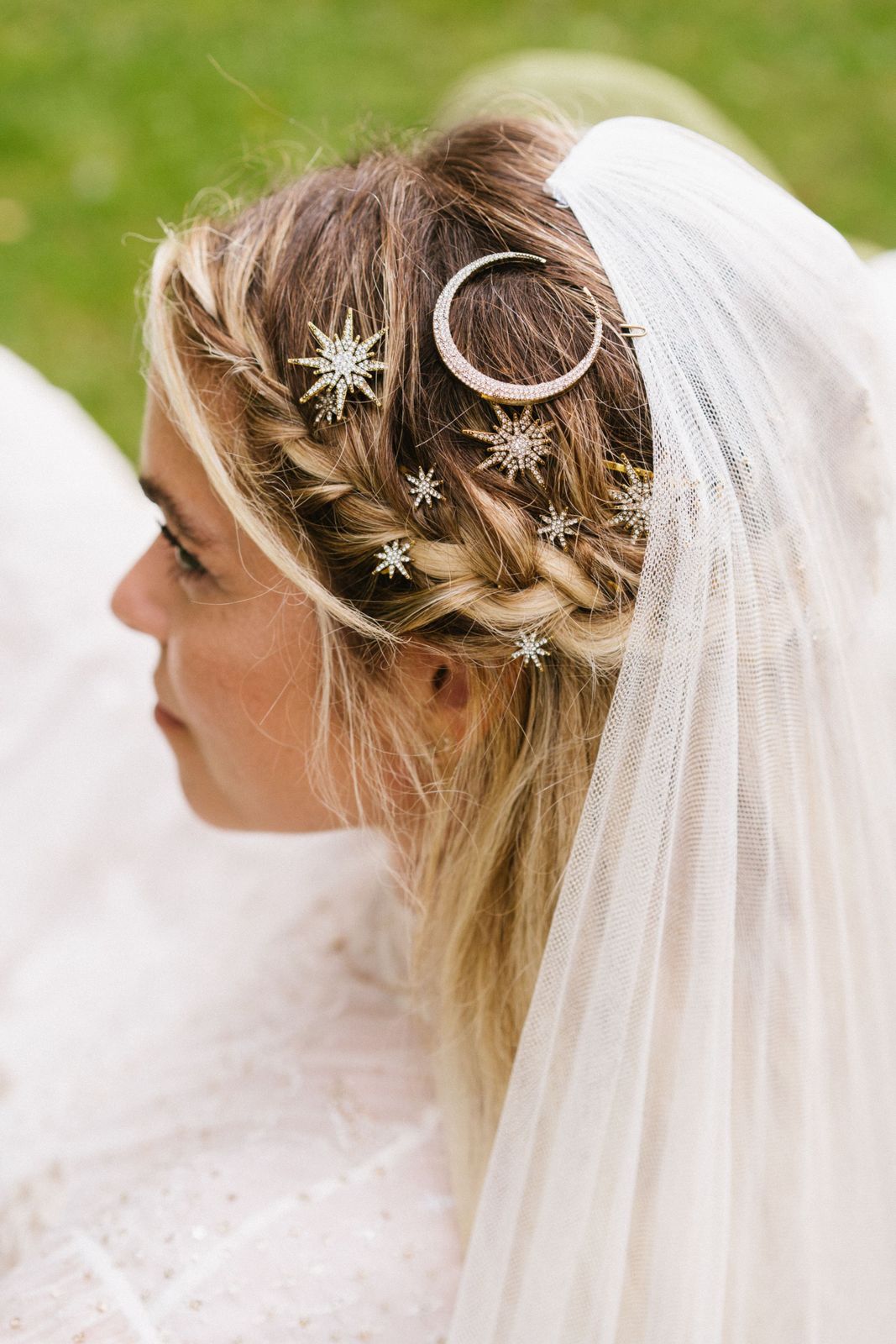Braided Updo with Celestial Pins and Veil — Winter Wedding Hairstyles