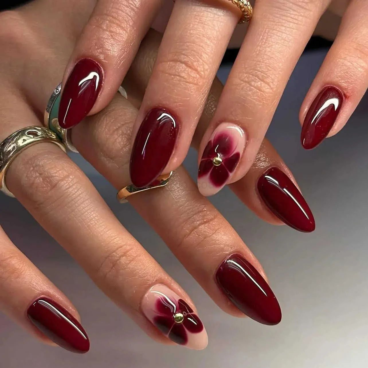 Burgundy With Floral Accents Burgundy With Floral Accents — Medium Winter Almond Nails