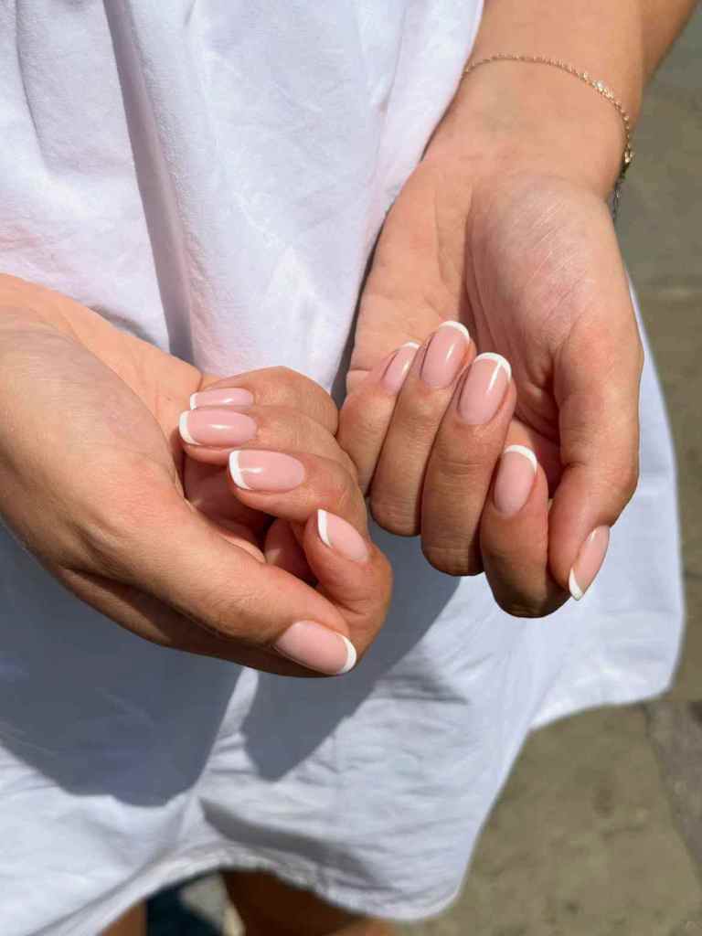 Sheer Pink with White French Tips Oval Nails Sheer Pink with White French Tips Oval Nails — Short Winter Oval Nails